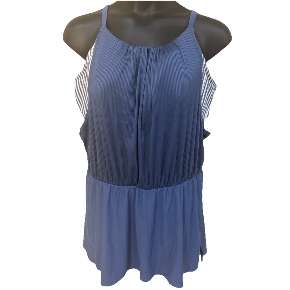 Lane Bryant Cacique Blue One Piece Swim Dress Blouson Tank Attached Bra 22W